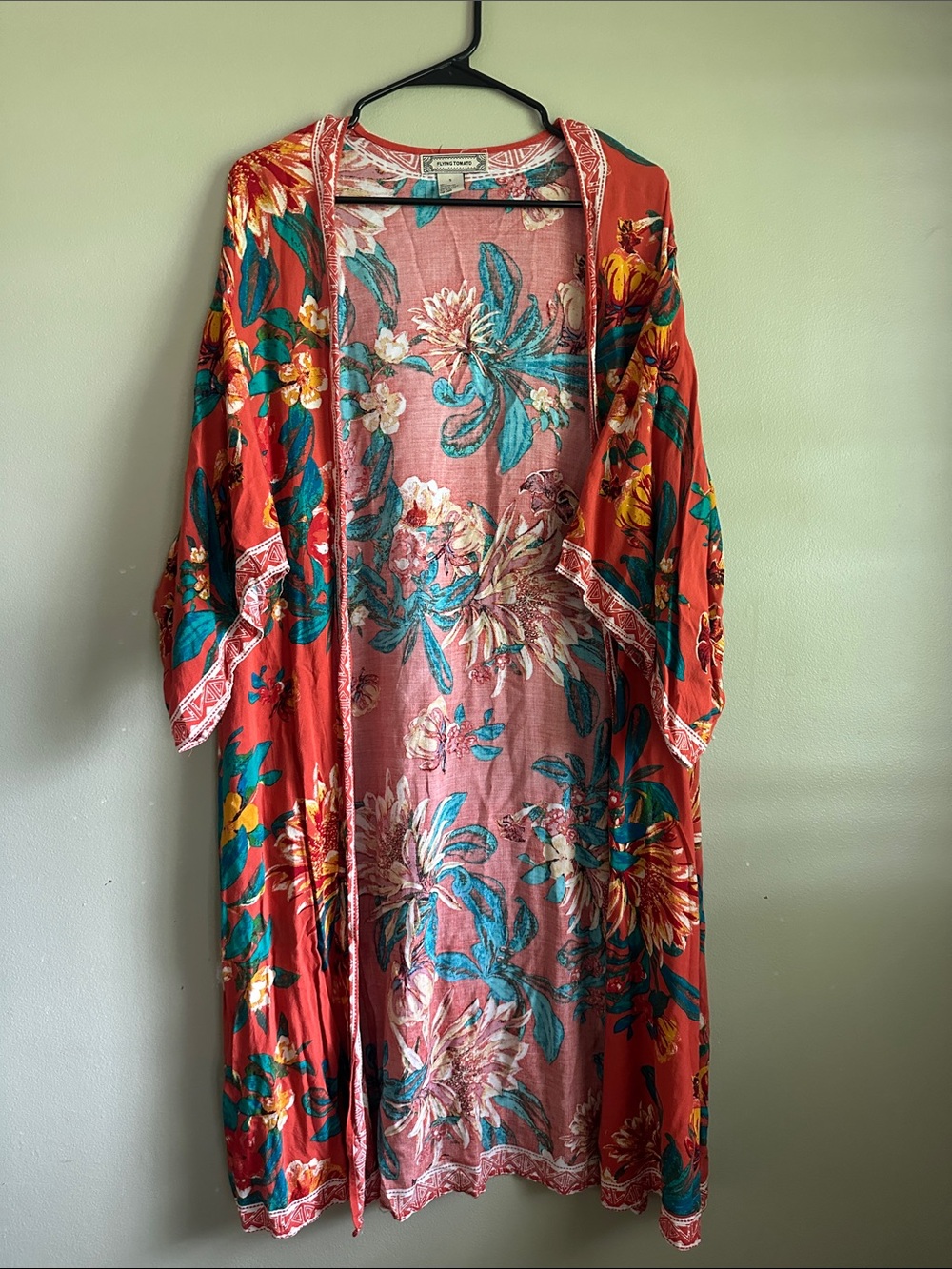 Flying Tomato Coral and Teal Floral Open Kimono